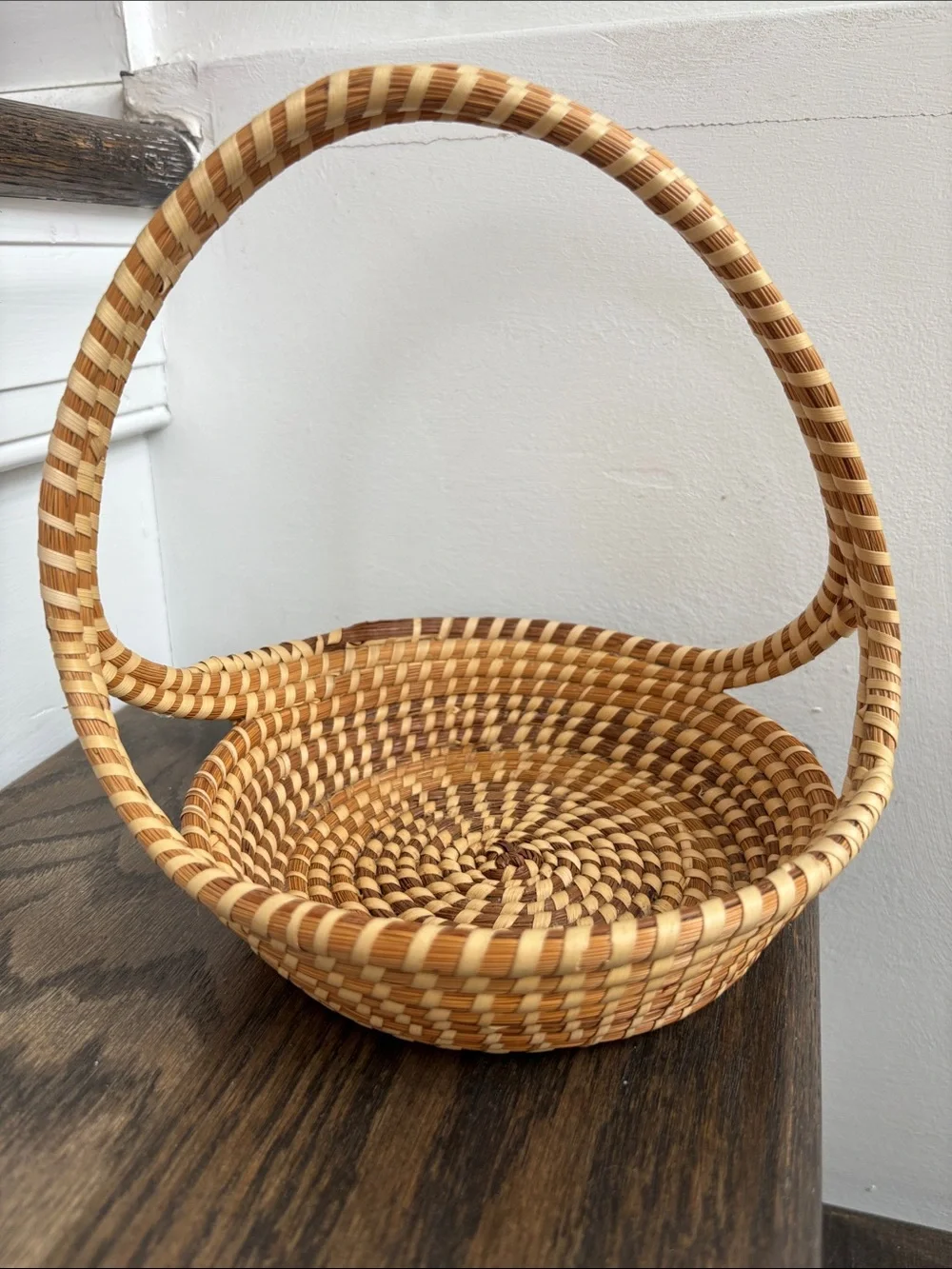 Sweetgrass SC handwoven basket with handle, 2 tone